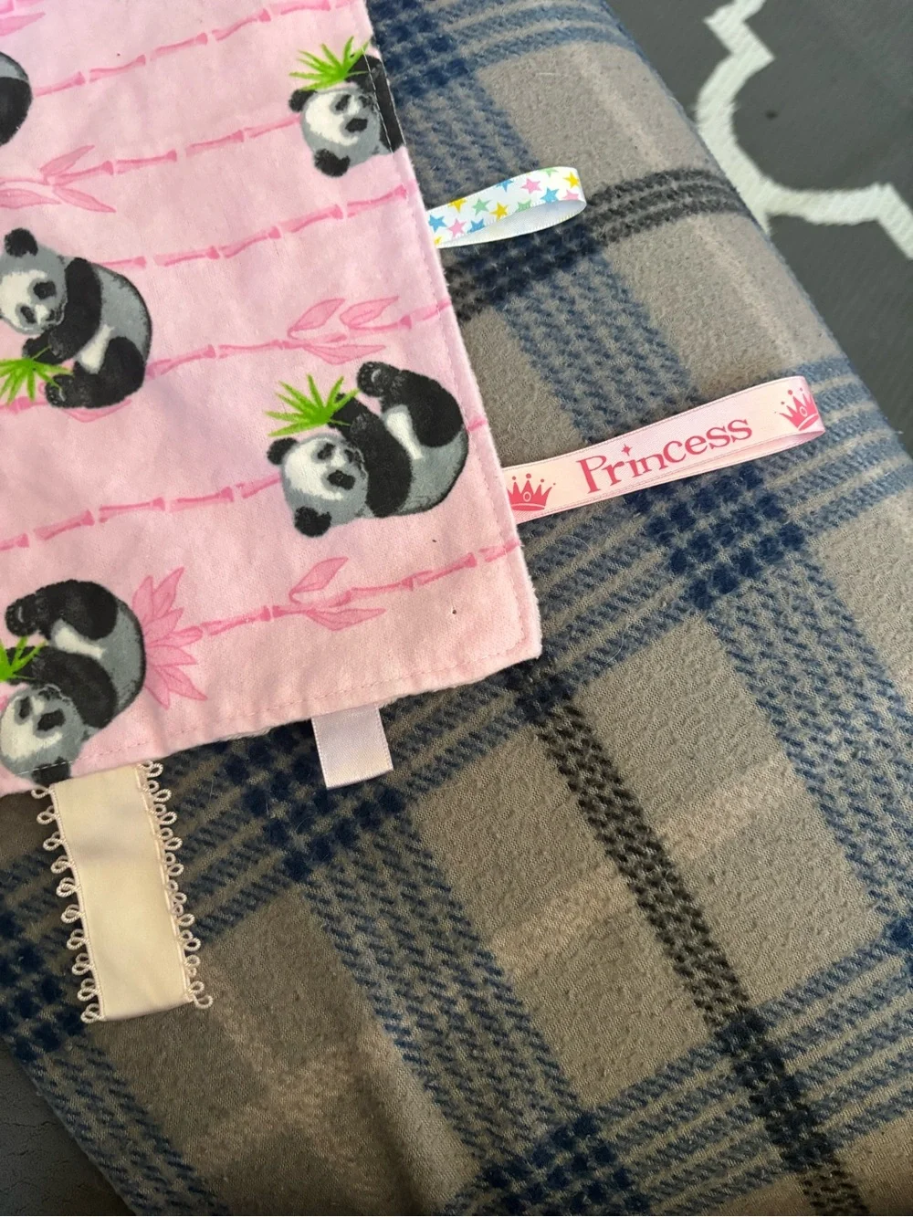 Prince Pink Panda Ribbon Sensory Tag Blanket